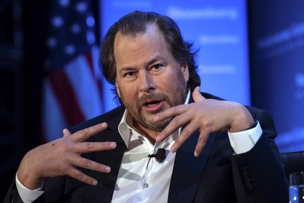Marc Benioff, founder, chairman and co-CEO of Salesforce, speaking at an Economic Club of Washington lunch in Washington on October 18, 2019. Photo: AFP