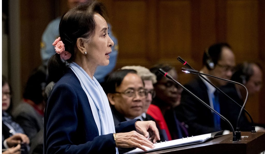Myanmar State Counsellor Aung San Suu Kyi speaks at the UN's International Court of Justice in The Hague in December. Photo: AFP