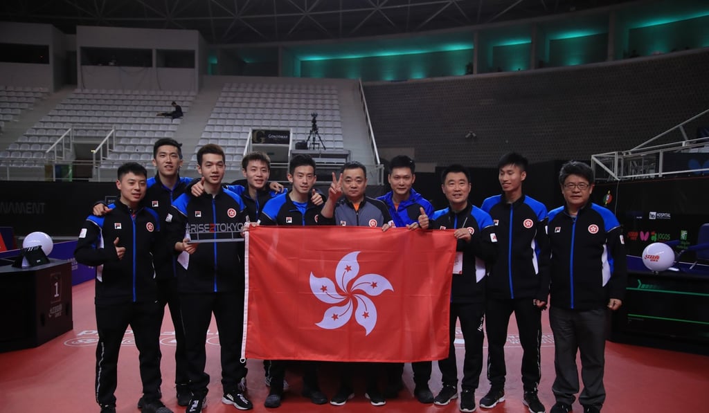 Head coach Chan Kong-wah (third from right) and his players and officials after securing the Olympic ticket in Portugal. Photo: ITTF