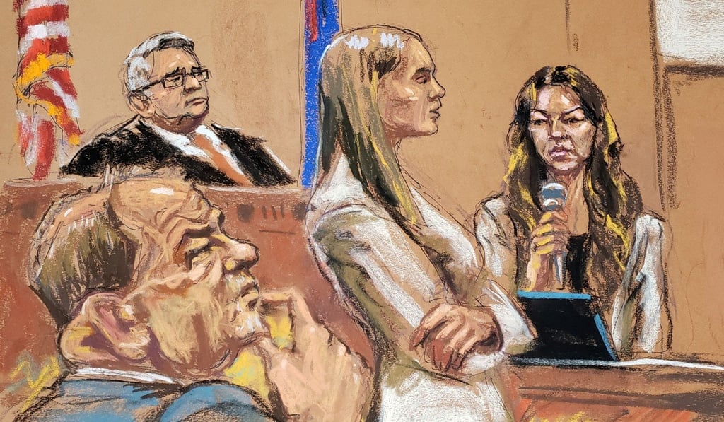 Witness Mimi Haleyi is questioned by Assistant District Attorney Meghan Hast in front of Judge James Burke as film producer Harvey Weinstein listens during his sexual assault trial in New York on Monday. Image: Jane Rosenberg via Reuters