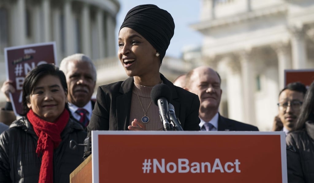 Congresswoman Ilhan Omar speaks during a news conference outside the US Capitol on Monday. Photo: AFP