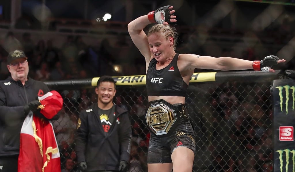 Shevchenko celebrates after beating Jessica Eye during their women's flyweight title fight at UFC 238, Saturday in June last year. Photo: AP