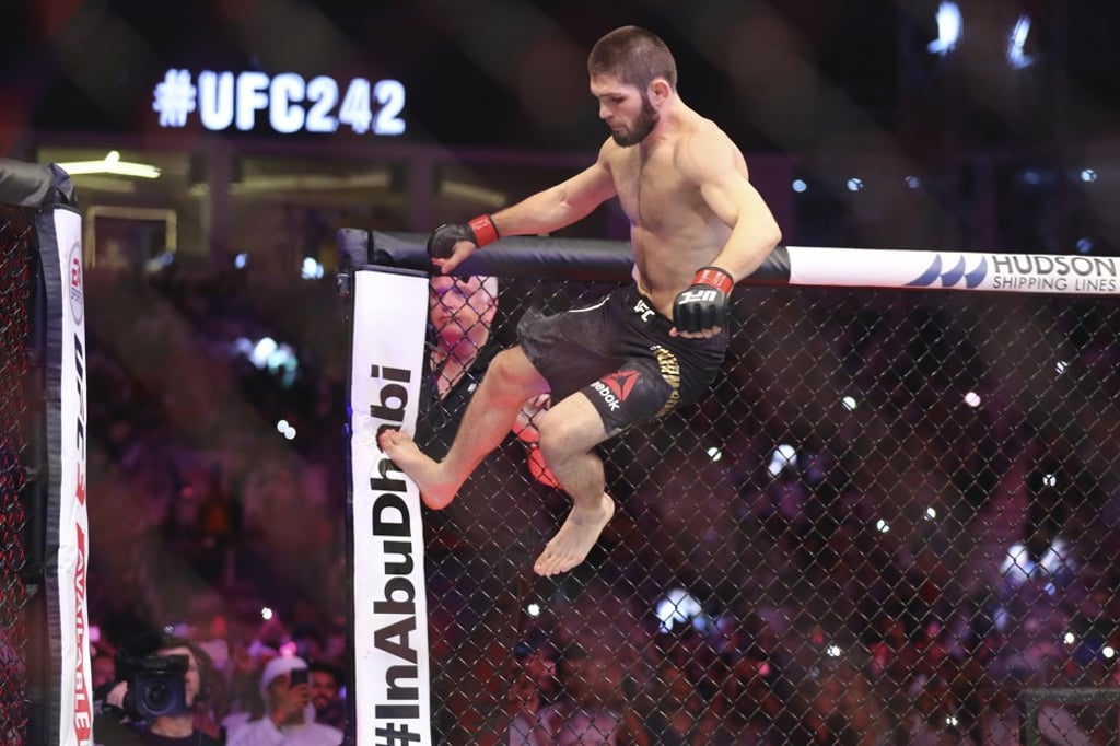 UFC fighter Khabib Nurmagomedov jumps during a UFC bout against Dustin Poirier in Abu Dhabi, UAE. Photo: AP