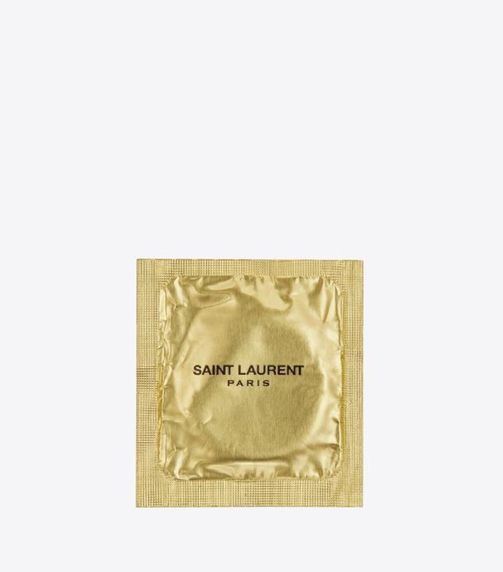 Condom adorned with Saint Laurent signature. Photo: Saint Laurent
