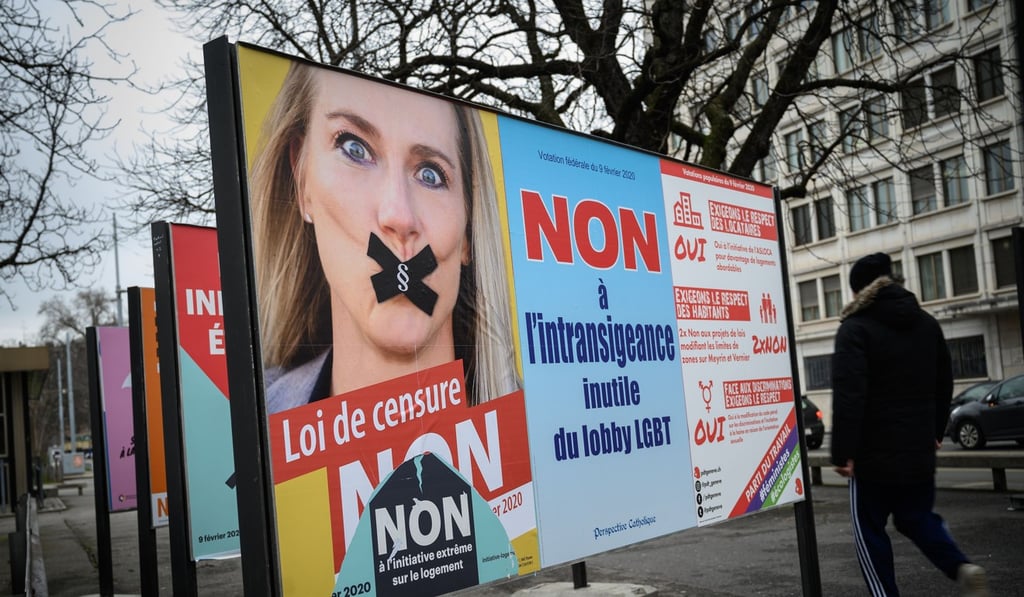 A campaign poster showing gagged Swiss MP Celine Amaudruz of right-wing populist Swiss People's Party. The poster reads: ‘censorship law, no’. Photo: Reuters. Photo: Agence France-Presse A campaign poster showing gagged Swiss MP Celine Amaudruz of right-wing populist Swiss People's Party. The poster reads: ‘censorship law, no’. Photo: Reuters. Photo: Agence France-Presse