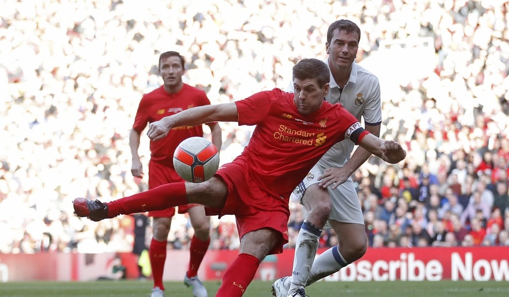 Liverpool Legends’ Steven Gerrard scores against Real Madrid Legends at Anfield. Photo: Reuters