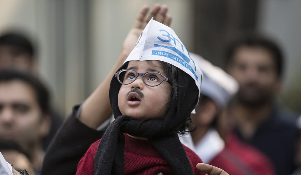 A child dresses as Chief Minister Arvind Kejriwal during celebrations following his election victory in New Delhi. Photo: Xinhua A child dresses as Chief Minister Arvind Kejriwal during celebrations following his election victory in New Delhi. Photo: Xinhua