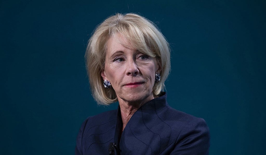 Betsy DeVos, US secretary of education, speaks at a conference in Washington in June. Photo: TNS Betsy DeVos, US secretary of education, speaks at a conference in Washington in June. Photo: TNS