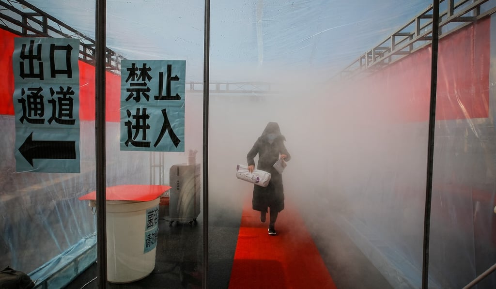A woman wearing a face mask walks through a disinfectant-spraying device at an entrance to a residential compound in Tianjin. Photo: Reuters