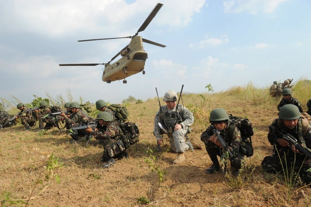 Philippine and US soldiers seen during an air assault exercise at a military training camp in Nueva Ecija province. Photo: AFP