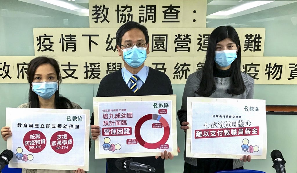 (From left) Ivy Leung, kindergarten principal and PTU executive committee member; Ip Kin-yuen, education sector lawmaker and PTU vice-president; Elaine Kwan, kindergarten principal and PTU vice-president. Photo: Chan Ho-him