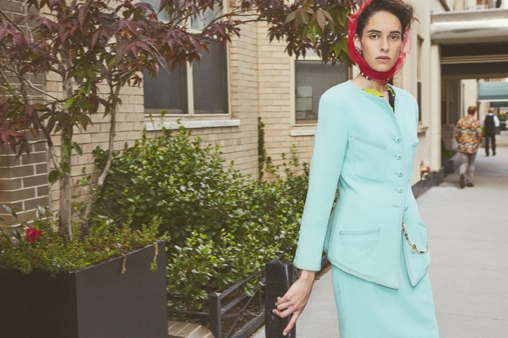 Karl Lagerfeld for Chanel turquoise suit, blouse; Chanel clutch, flats, chain necklace worn as belt; red tulle, stylist’s own; all prices on request. Photo: Helen Eriksson