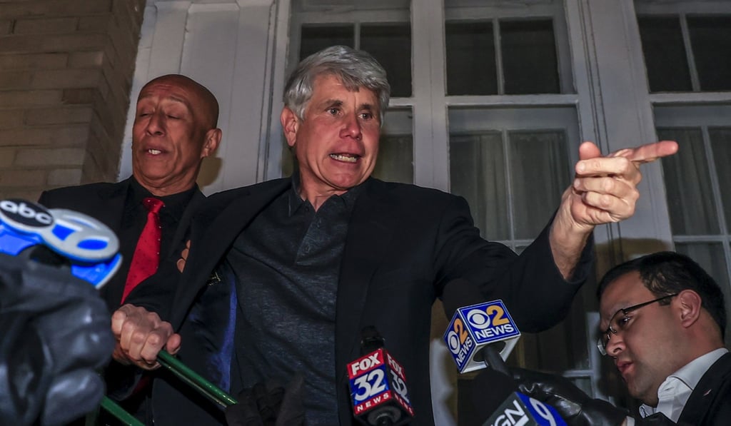 Rod Blagojevich speaks to the media as he arrives at his home after being released from federal prison, in Chicago, Illinois. Photo: EPA