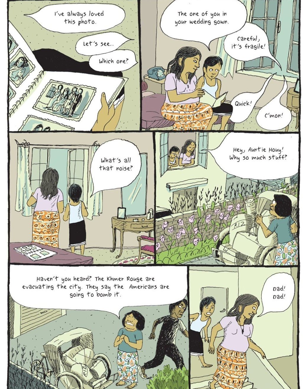 In this page of Year of the Rabbit, Tian Veasna’s family are told that the Khmer Rouge are evacuating Phnom Penh. In this page of Year of the Rabbit, Tian Veasna’s family are told that the Khmer Rouge are evacuating Phnom Penh.