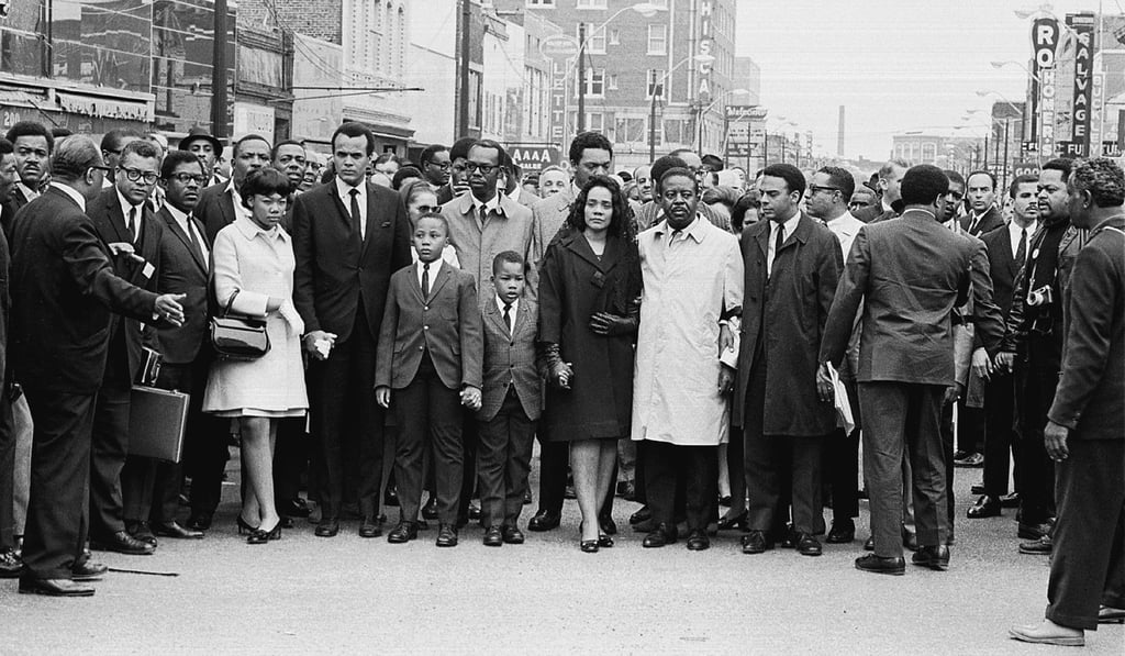 Coretta Scott King (centre left, in black), the widow of Dr Martin Luther King Jnr, their daughter Yolanda (in white coat, left), their sons Martin Luther King III and Dexter Scott King, and fellow civil rights leaders march after King’s assassination. Photo: Robert Abbott Sengstacke/Getty Images Coretta Scott King (centre left, in black), the widow of Dr Martin Luther King Jnr, their daughter Yolanda (in white coat, left), their sons Martin Luther King III and Dexter Scott King, and fellow civil rights leaders march after King’s assassination. Photo: Robert Abbott Sengstacke/Getty Images