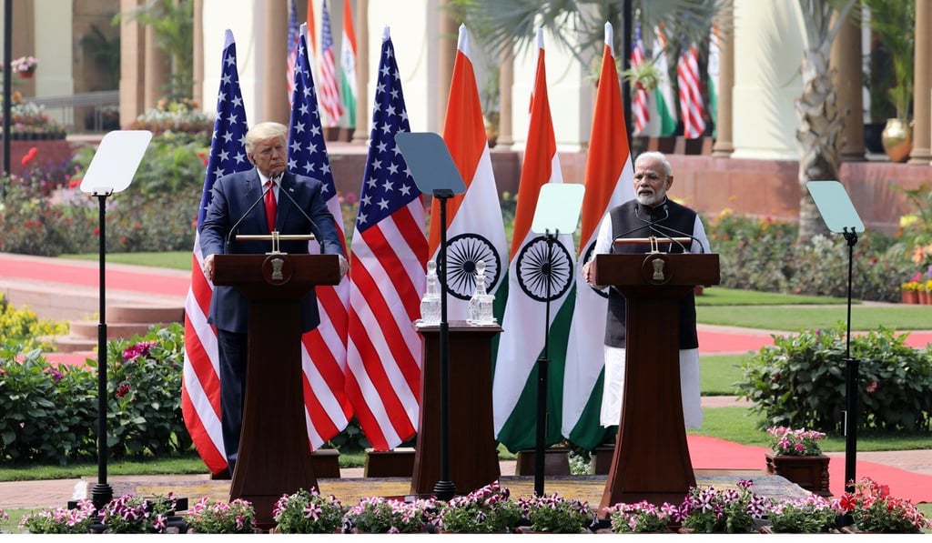 US President Donald Trump and Indian Prime Minister Narendra Modi speak during a news conference at Hyderabad House in New Delhi. Photo: Bloomberg