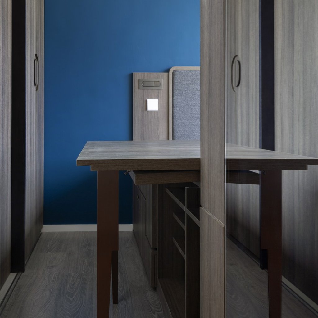 In this flat Deft designed for a young couple with a baby, a custom-built bed includes a pull-out desk. Photo: courtesy of Deft