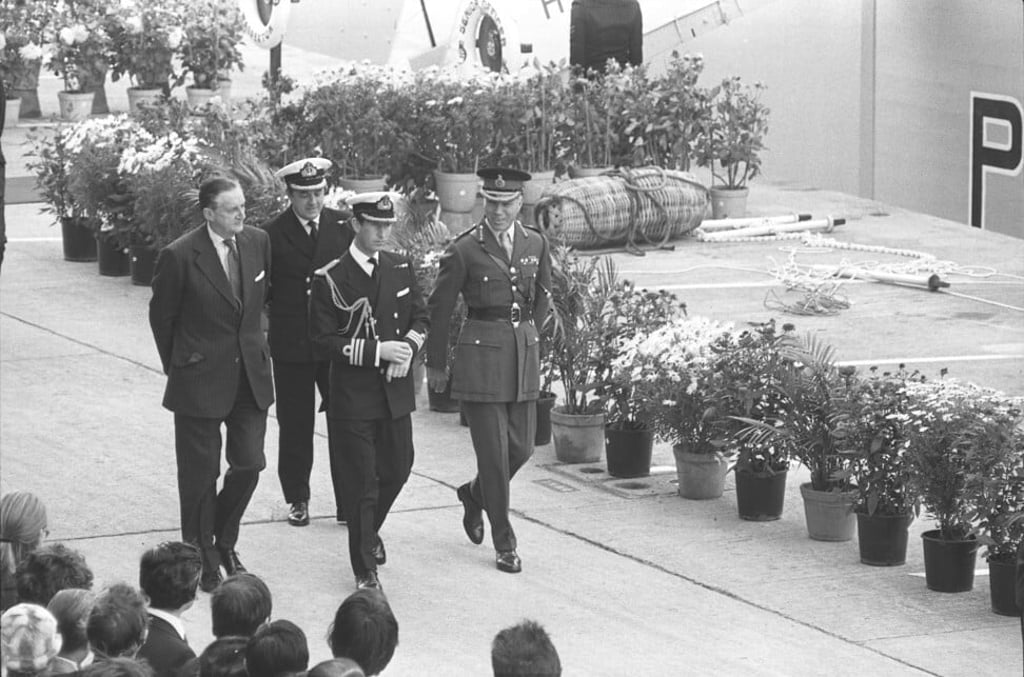 Prince Charles (front centre) with the governor Murray MacLehose (far left) arriving at the building’s opening ceremony. Photo: SCMP