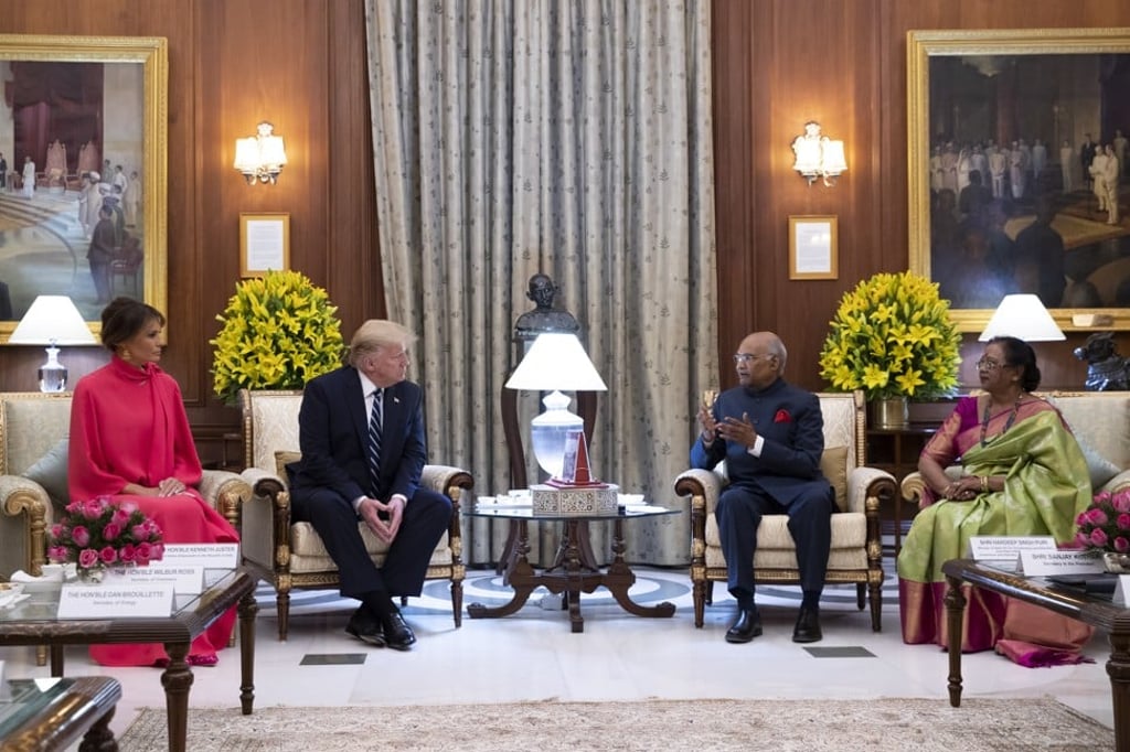 US President Donald Trump and first lady Melania Trump are seated with Indian President Ram Nath Kovind and his wife Savita Kovind before a state banquet at the president’s official resident, Rashtrapati Bhavan, in New Delhi on February 25. Photo: AP
