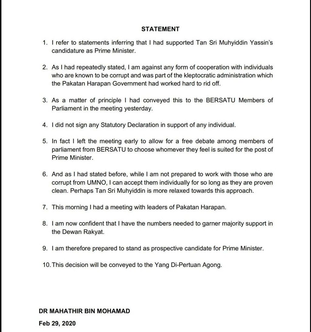 Mahathir Mohamad’s statement on February 29, 2020. Photo: Handout