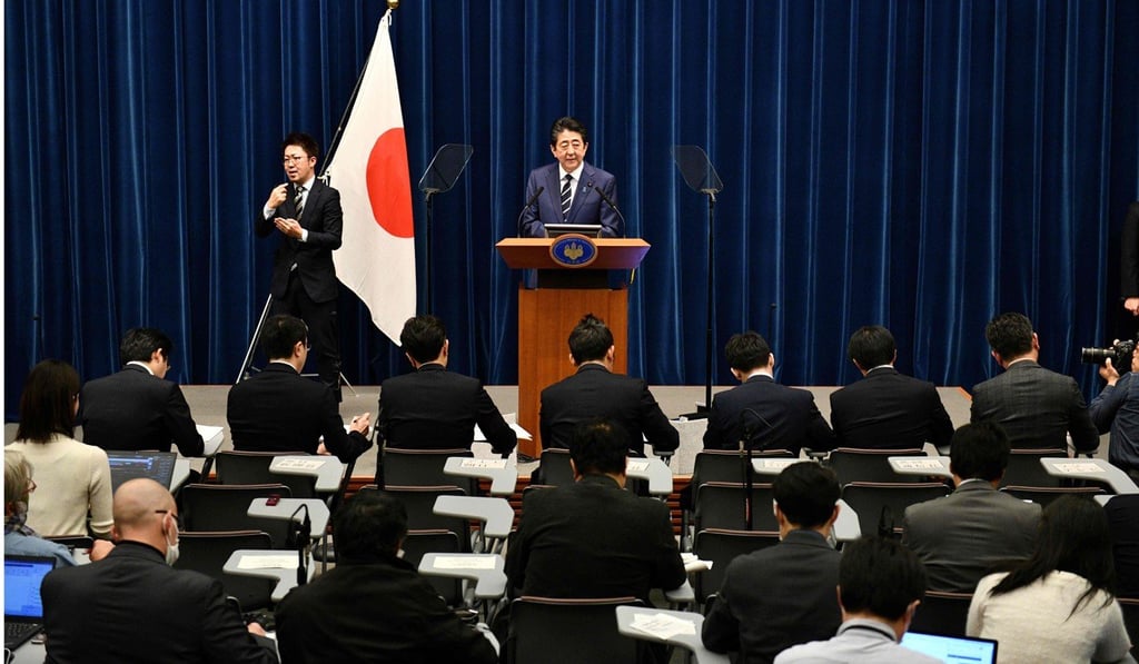 Japan's Prime Minister Shinzo Abe delivers a speech during a press conference on the new Covid-19 coronavirus at the prime minister's office in Tokyo. Photo: AFP