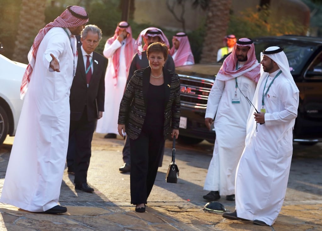 IMF managing director Kristalina Georgieva visits a historic site in Saudi Arabia after attending a meeting of G20 finance ministers and central bank governors in Riyadh, on February 22. Georgieva warned at the meeting that an unexpected tightening of financial conditions could have a huge impact on debt-laden economies. Photo: EPA-EFE