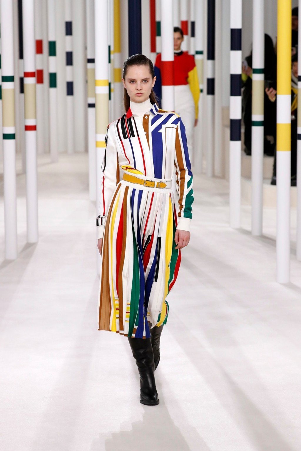 Geometric prints and shapes, meanwhile, fluttered on silk dresses, in Hermès autumn-winter 2020-21 collection. Photo: Xinhua. Geometric prints and shapes, meanwhile, fluttered on silk dresses, in Hermès autumn-winter 2020-21 collection. Photo: Xinhua.