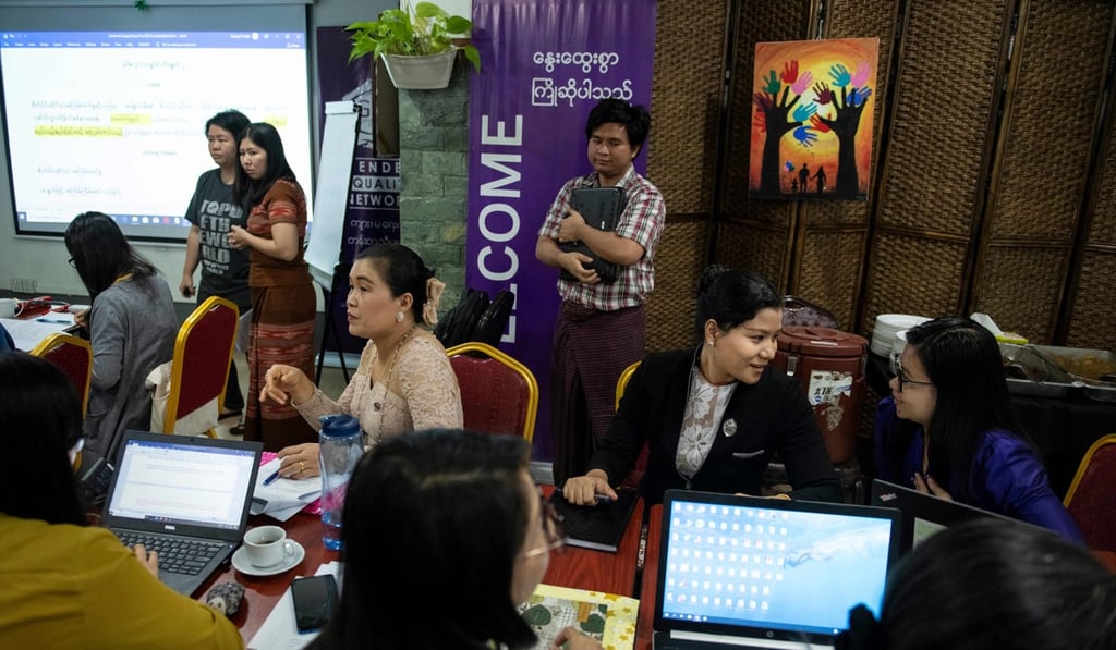 Legal Clinic Myanmar director Hla Hla Yee (2nd R) attending a meeting at the Gender Equality Network office in Yangon. Photo: AFP Legal Clinic Myanmar director Hla Hla Yee (2nd R) attending a meeting at the Gender Equality Network office in Yangon. Photo: AFP