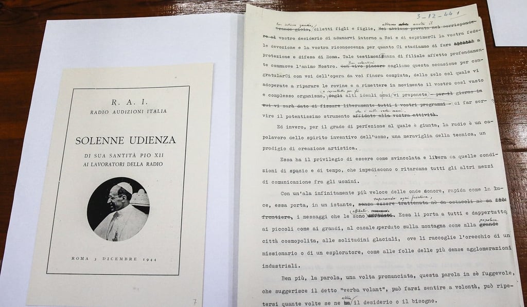 A document from the archives showing minutes from a December 1944 speech by Pope Pius XII. Photo: EPA-EFE