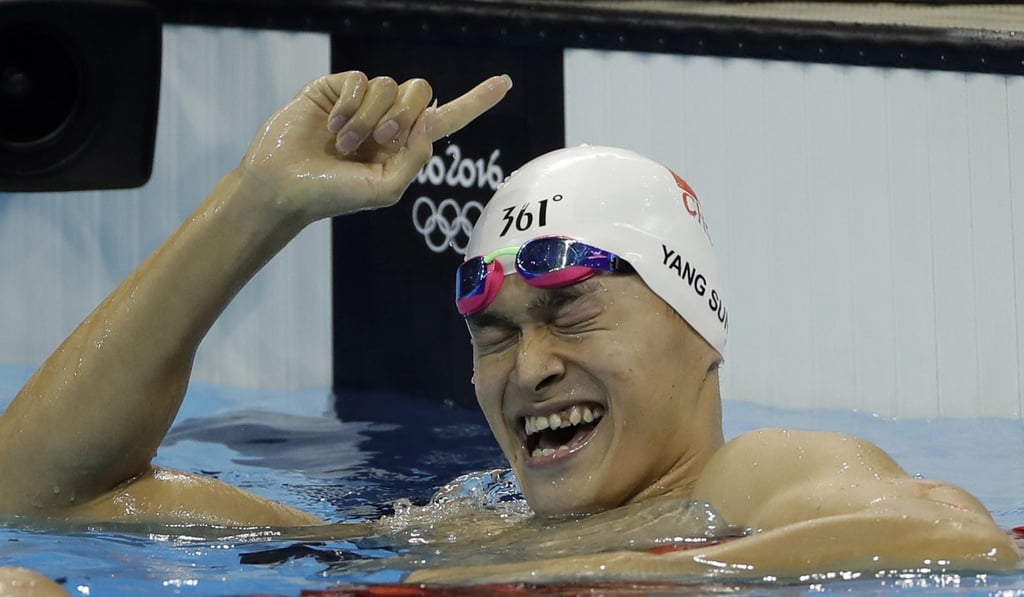 Sun celebrates winning the final of the men’s 200m freestyle at the 2016 Olympics in Rio. Photo: AP Sun celebrates winning the final of the men’s 200m freestyle at the 2016 Olympics in Rio. Photo: AP