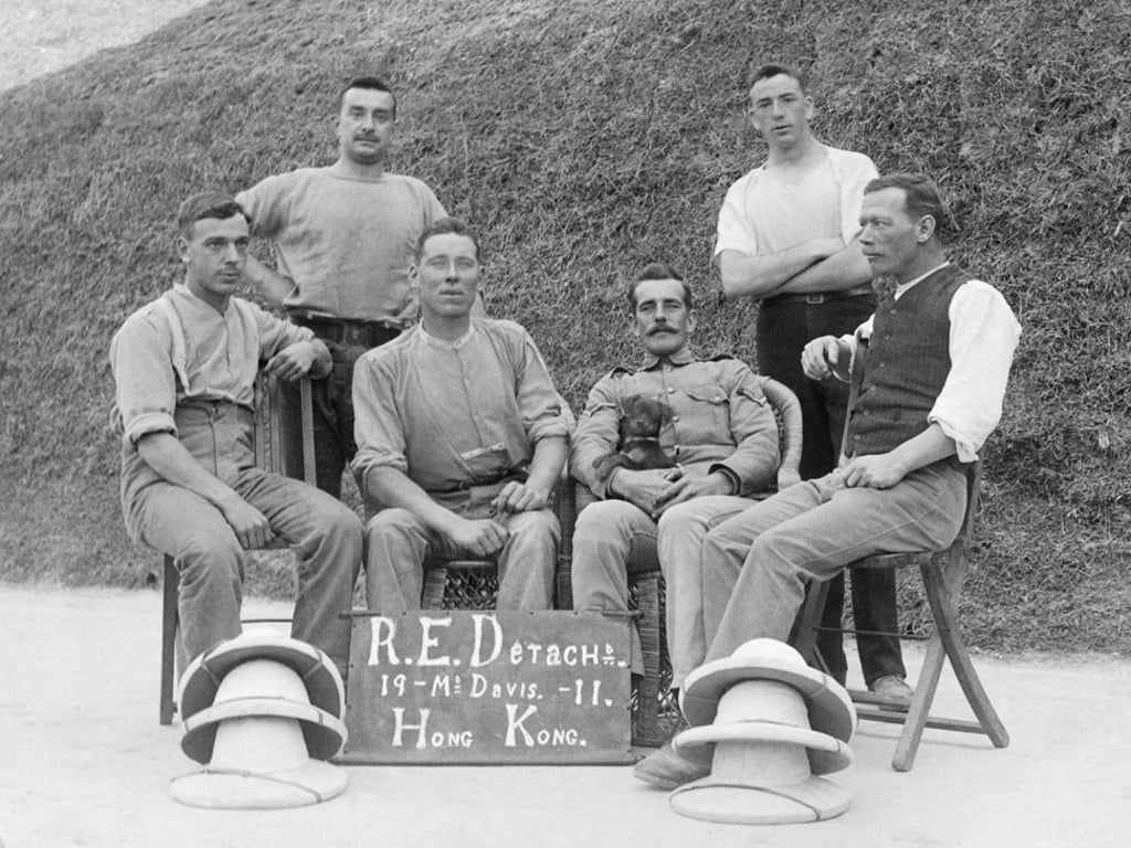 Six men from the Royal Engineers Detachment and one puppy on Mount Davis, Hong Kong Island, in 1911. Photo: Gwulo