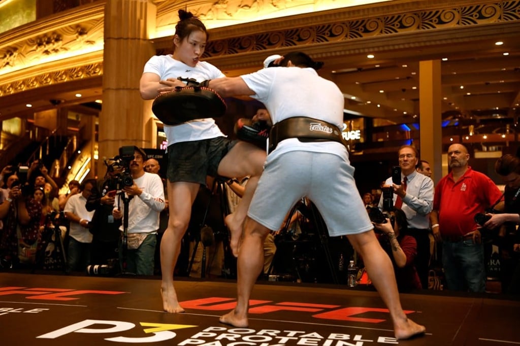 Zhang Weili during the UFC 248 open workouts at MGM Grand. Photo: Jeff Bottari/Zuffa LLC via Getty Images
