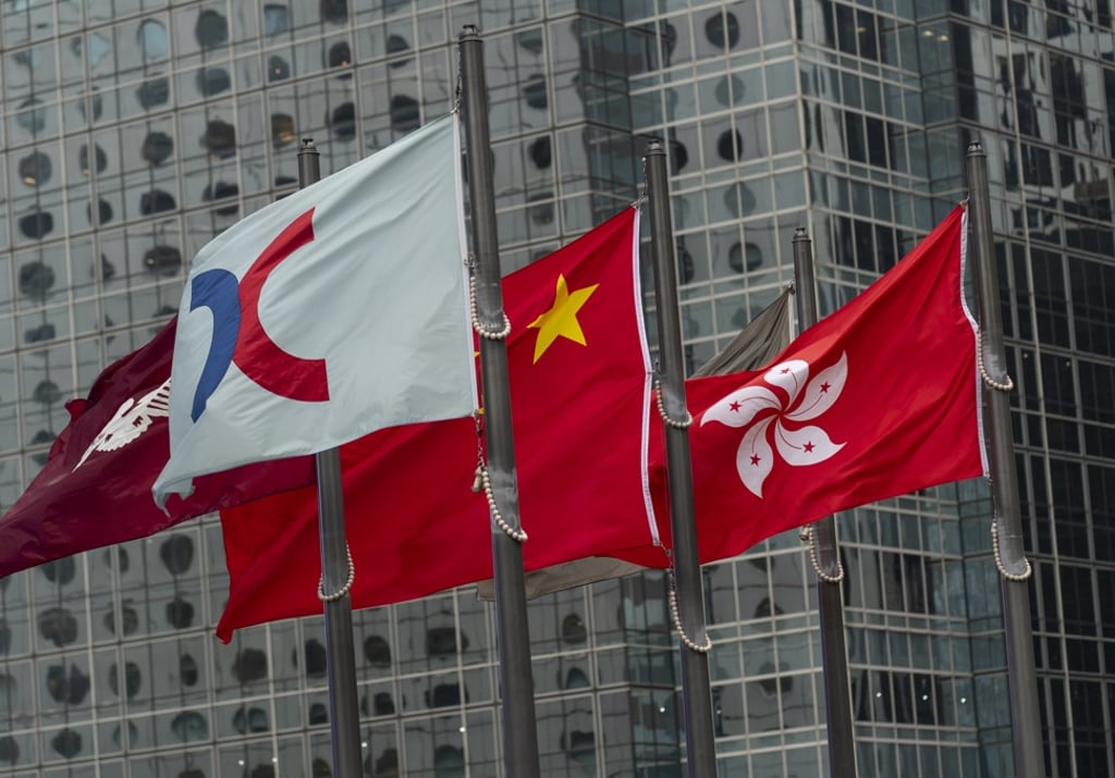 Flags of the Hong Kong Stock Exchange, China and Hong Kong on May 30, 2019. Photo: Warton Li