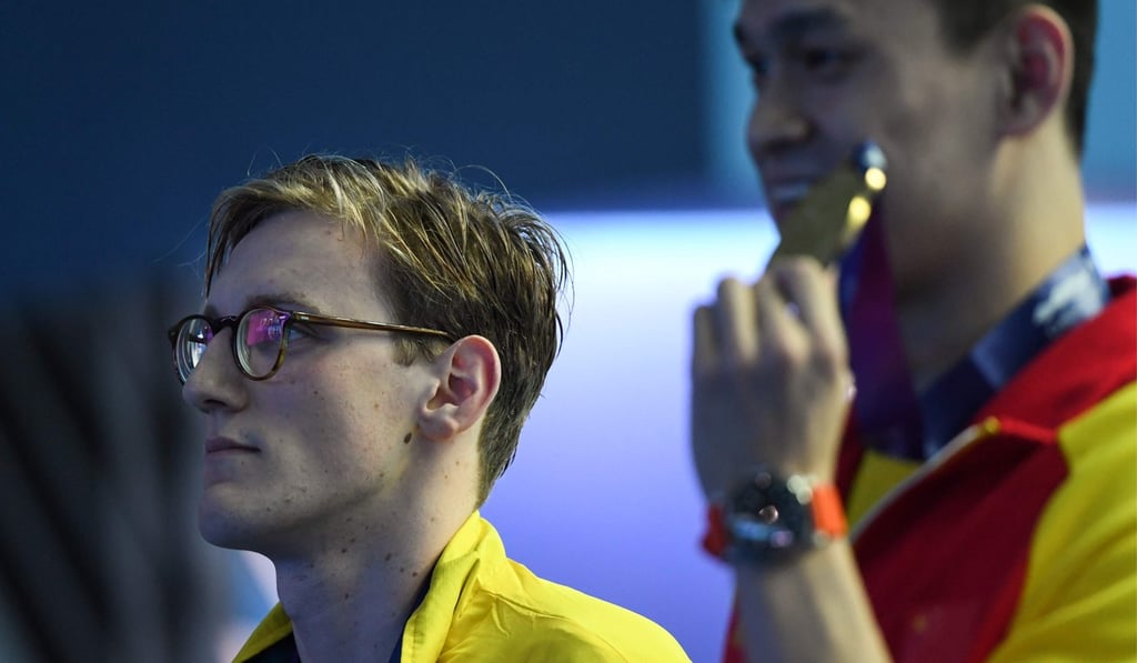 Sun Yang on top of the podium after beating Mack Horton to gold in the men’s 400m freestyle at the 2019 world championships in Gwangju, South Korea. Photo: AFP