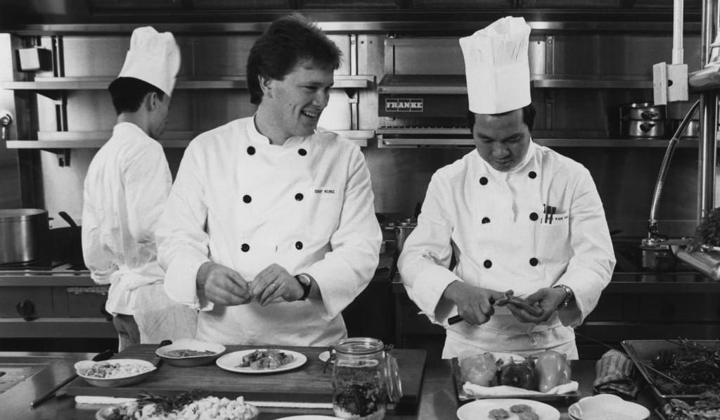 Gray Kunz and his team in the kitchen at Plume in the 1980s.