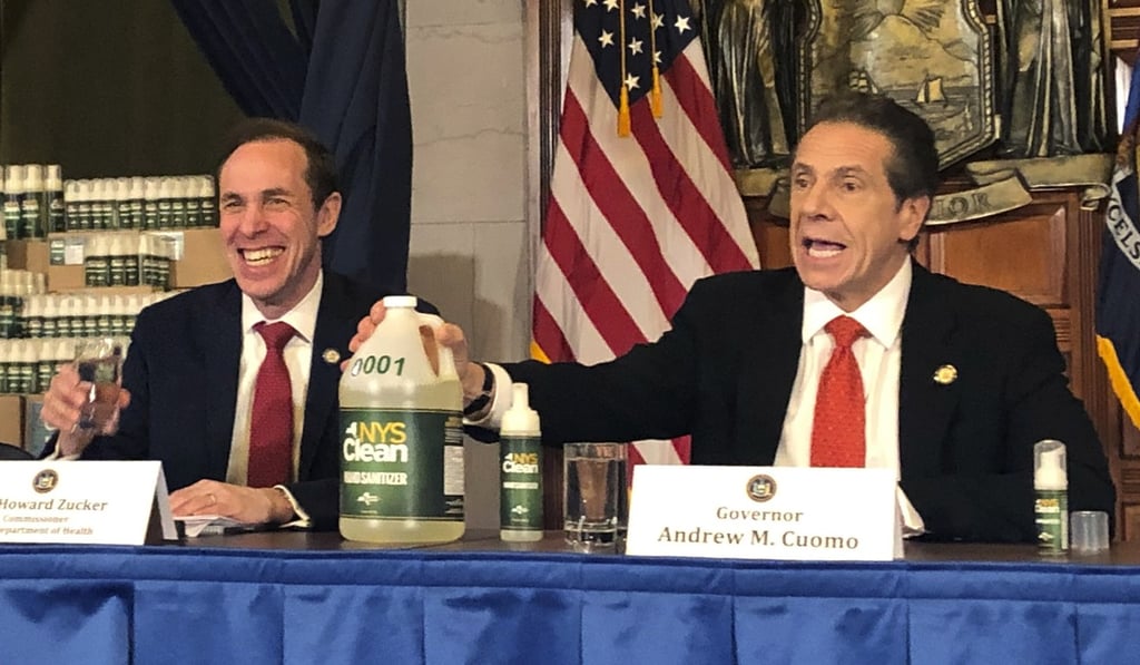 New York Governor Andrew Cuomo (right) introduces “NYS Clean”, a hand sanitiser manufactured by the state of New York, at a press briefing in Albany on Monday. Photo: AP