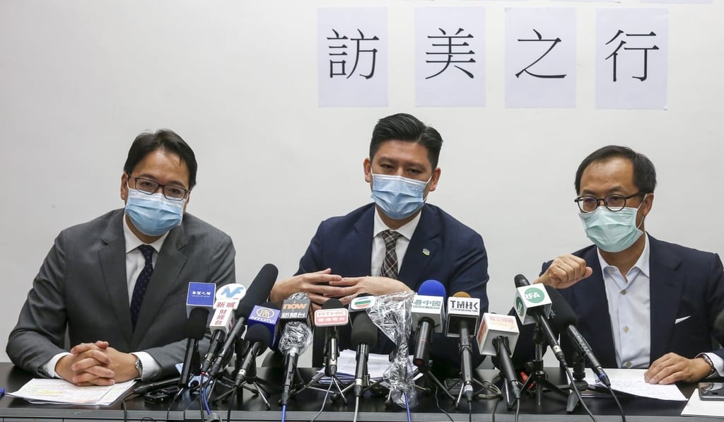 (Left to right) Legislators Charles Mok, Jeremy Tam and Kenneth Leung set out their plan to list potential targets for US sanctions. Photo: Jonathan Wong