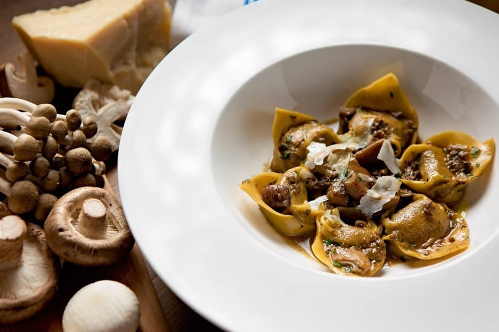 Handmade cappelletti with slow-cooked veal and pancetta with porcini mushrooms and Parmesan.