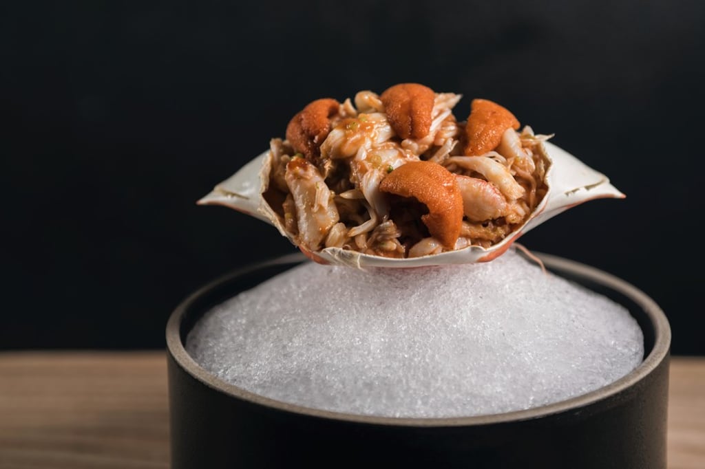 Flower Crab with Hokkaido uni and mitsuba.