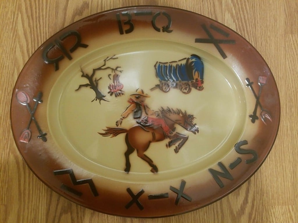 A made-in-Hong Kong enamelware platter.