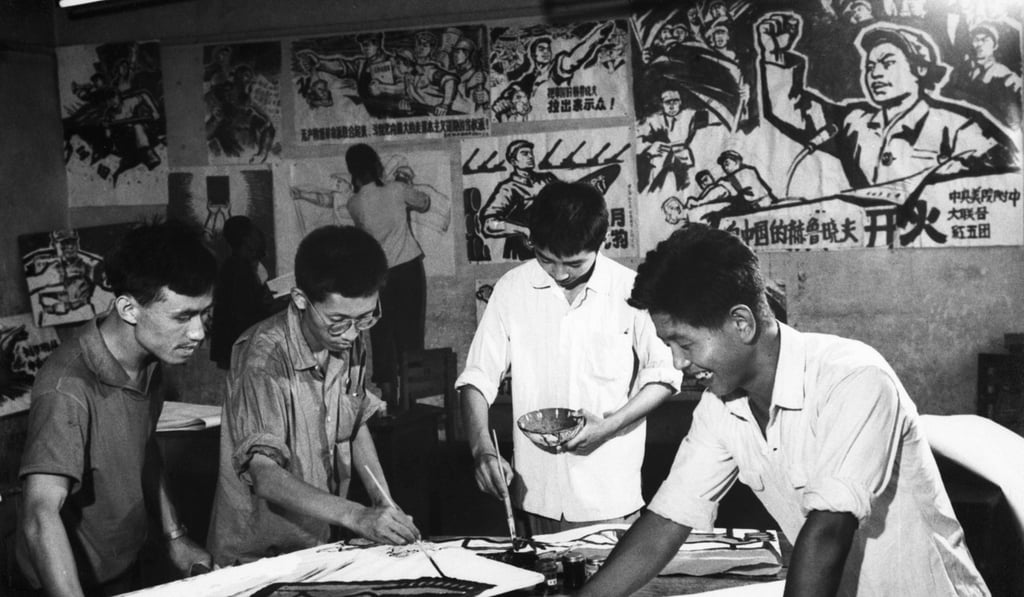 Young poster artists at the Central Academy of Fine Arts in Beijing are shown creating posters attacking the handful of top Communist Party officials who had turned away from Chairman Mao Zedong's communist policies and embraced capitalism. Photo: Getty Images