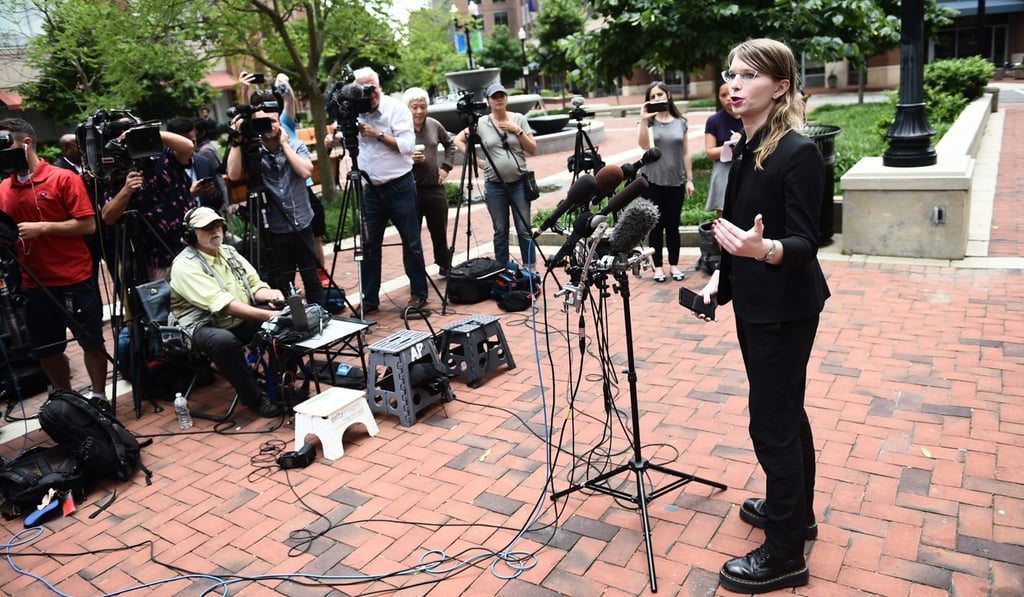 Former military intelligence analyst Chelsea Manning speaks to the press ahead of a Grand Jury appearance about WikiLeaks in Alexandria, Virginia, in May 2019. Photo: AFP