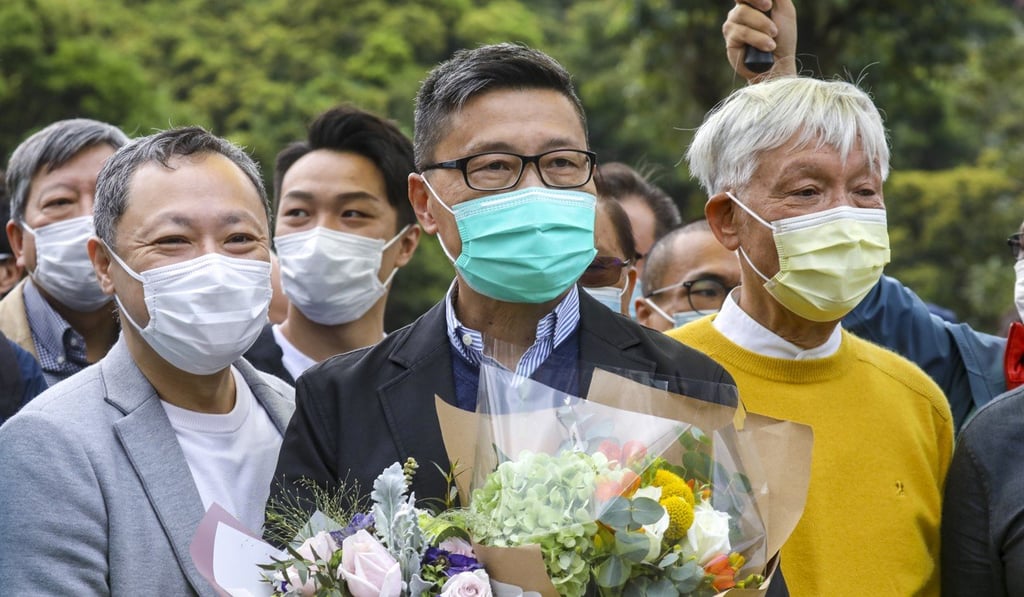 Occupy movement co-founders (left to right) Benny Tai Yiu-ting, Chan Kin-man and Reverend Chu Yiu-ming appear together outside Pik Uk Prison. Photo: Dickson Lee