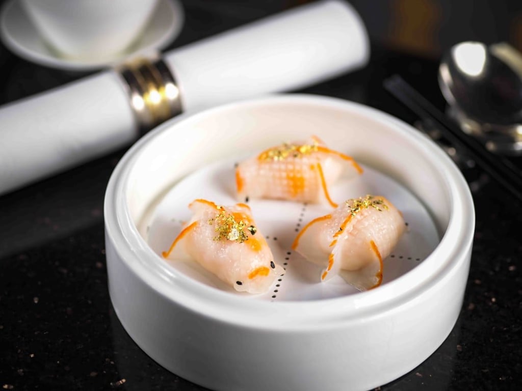 Steamed crystal blue shrimp ‘goldfish’ dumplings.