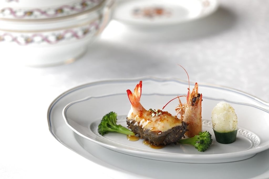 Braised sea cucumber with shrimp mousse.