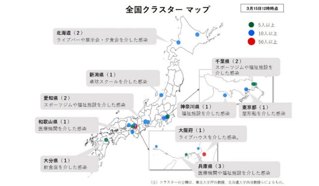 A map released by the Japanese ministry of health showing coronavirus clusters in the country. Photo: Handout