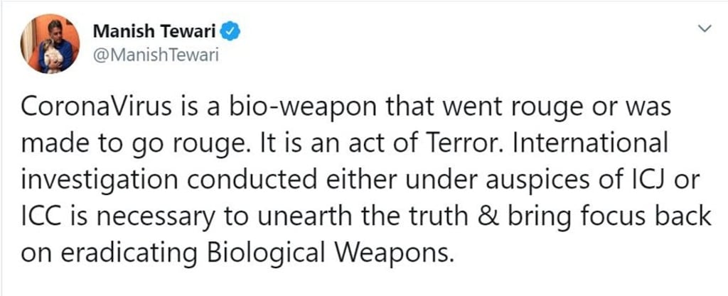 Opposition politician Manish Tewari calls the novel coronavirus an ‘act of terror’. Photo: Twitter/Screengrab