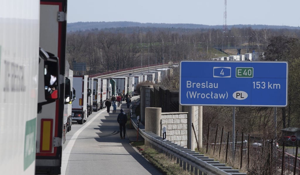 Trucks stuck in traffic at the Polish border near Goerlitz, Germany. Poland has closed its borders with Germany and other EU neighbouring countries to foreigners amid the coronavirus pandemic. Photo: AP