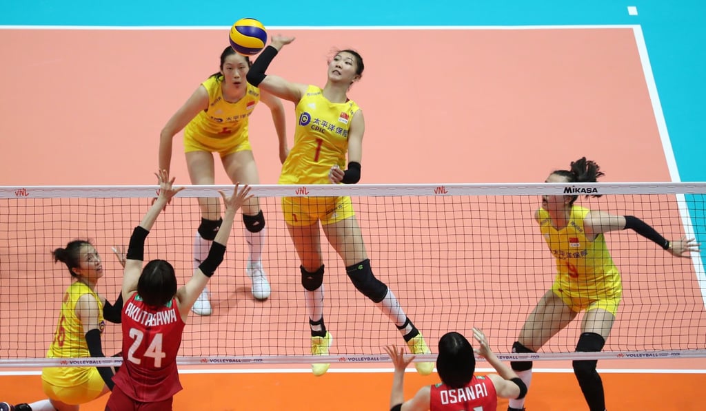 Yuan Xinyue of China (No 1) in action during the 2019 FIVB Women’s Volleyball Nations League against Japan. Photo: K.Y. Cheng