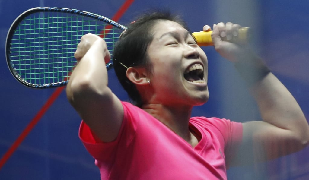 Annie Au reacts after winning her match against Joshana Chinappa of India during the women's team final at the 2018 Asian Games in Jakarta. Photo: EPA